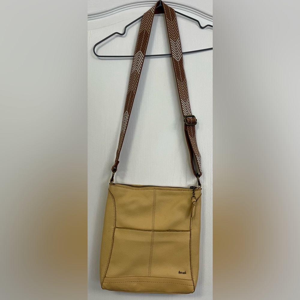 The Sak Tan Leather  Crossbody Bag with Brown Chevron Strap